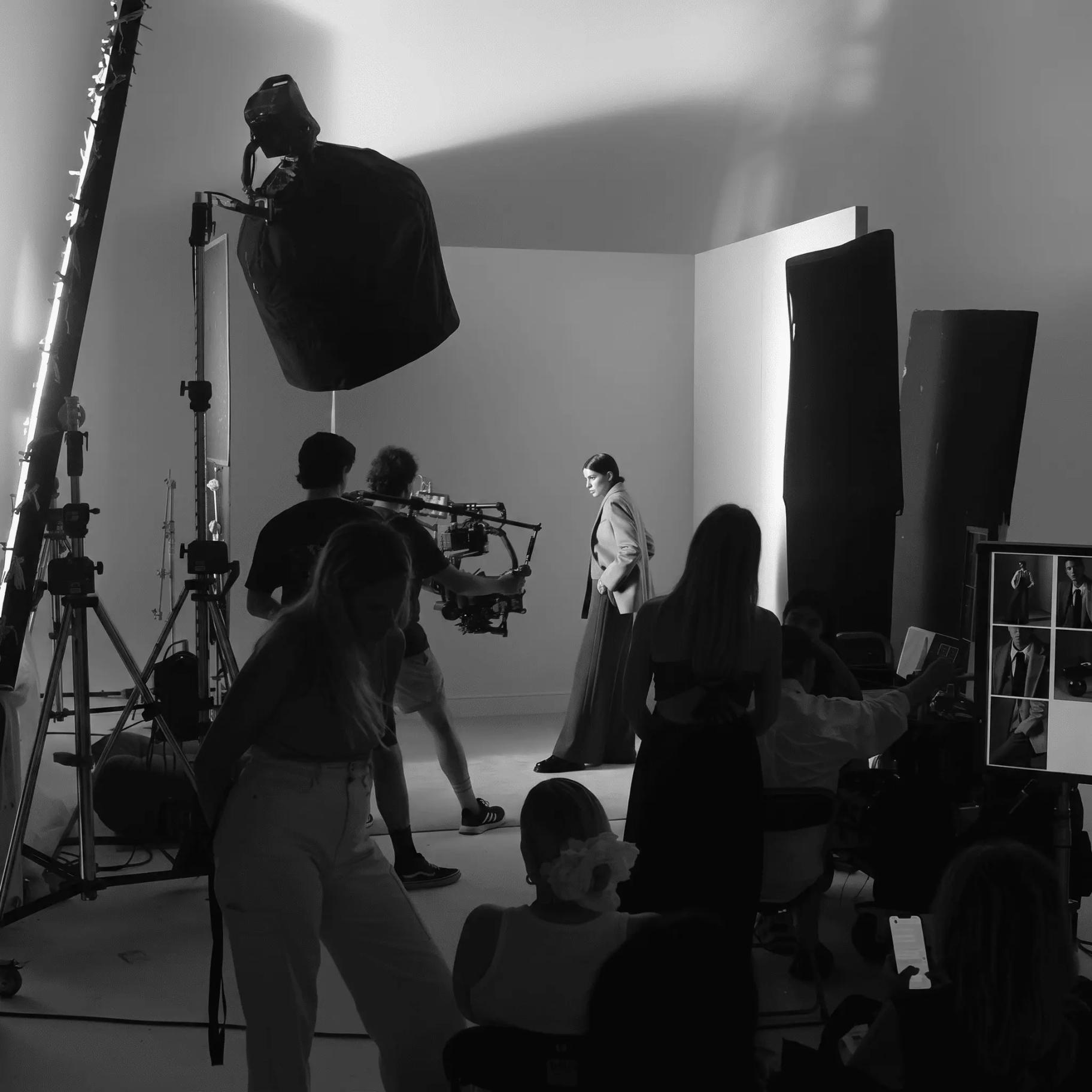Synthetic production scene with camera equipment and campaign lighting